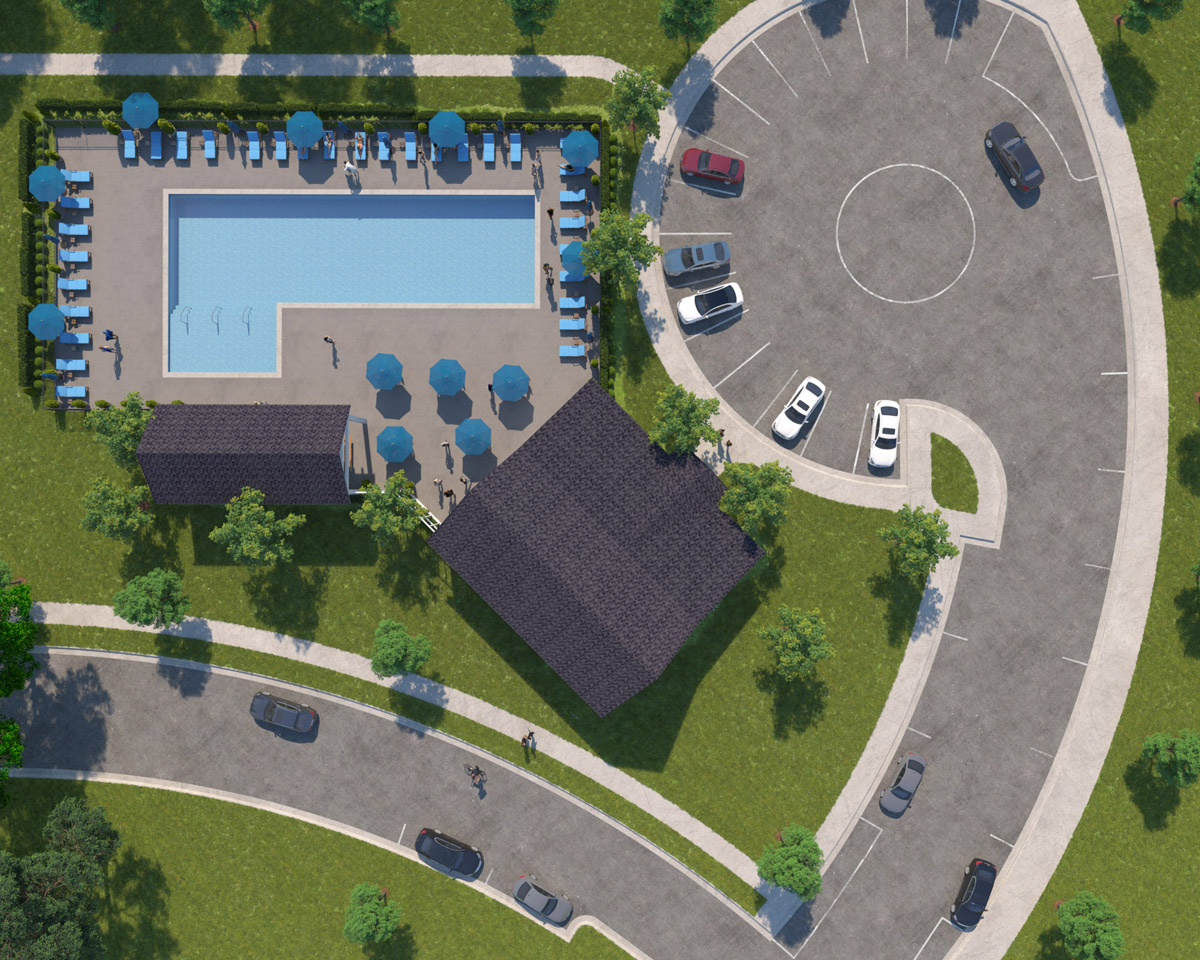 Renderings of the Amenities Building and Swimming Pool of the Marshes at Daniel island