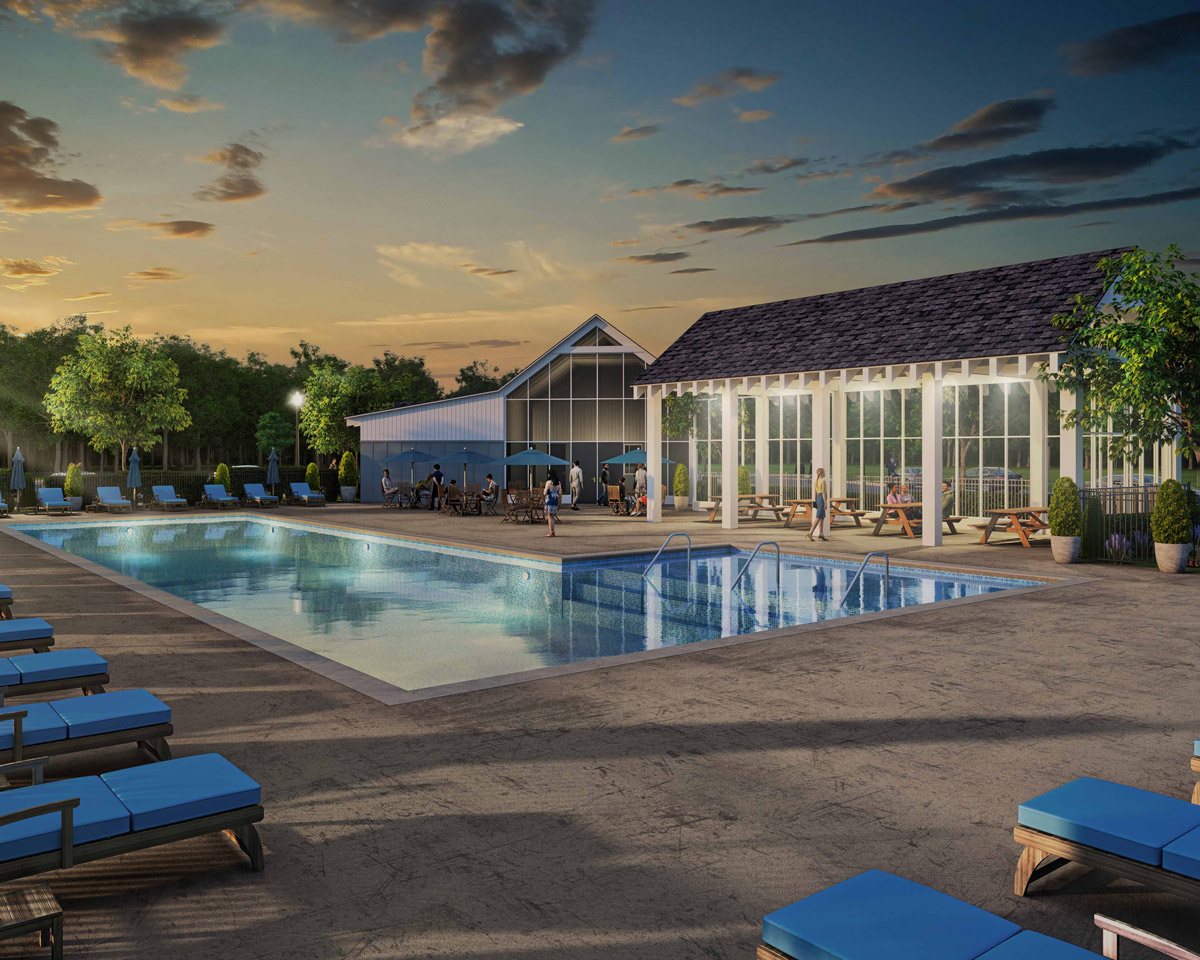 Renderings of the Amenities Building and Swimming Pool of the Marshes at Daniel island